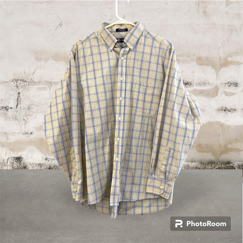 Vintage Chaps long sleeved button down dress shirt. Cream and Blue.